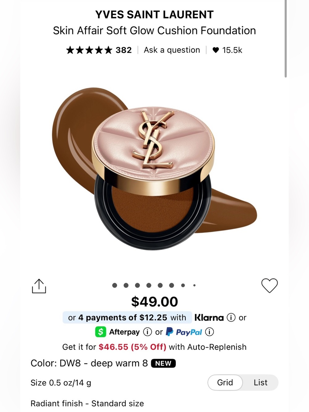 YSL Yves Saint Laurent Soft Glow Cushion Foundation Color: DW8 - deep warm 8